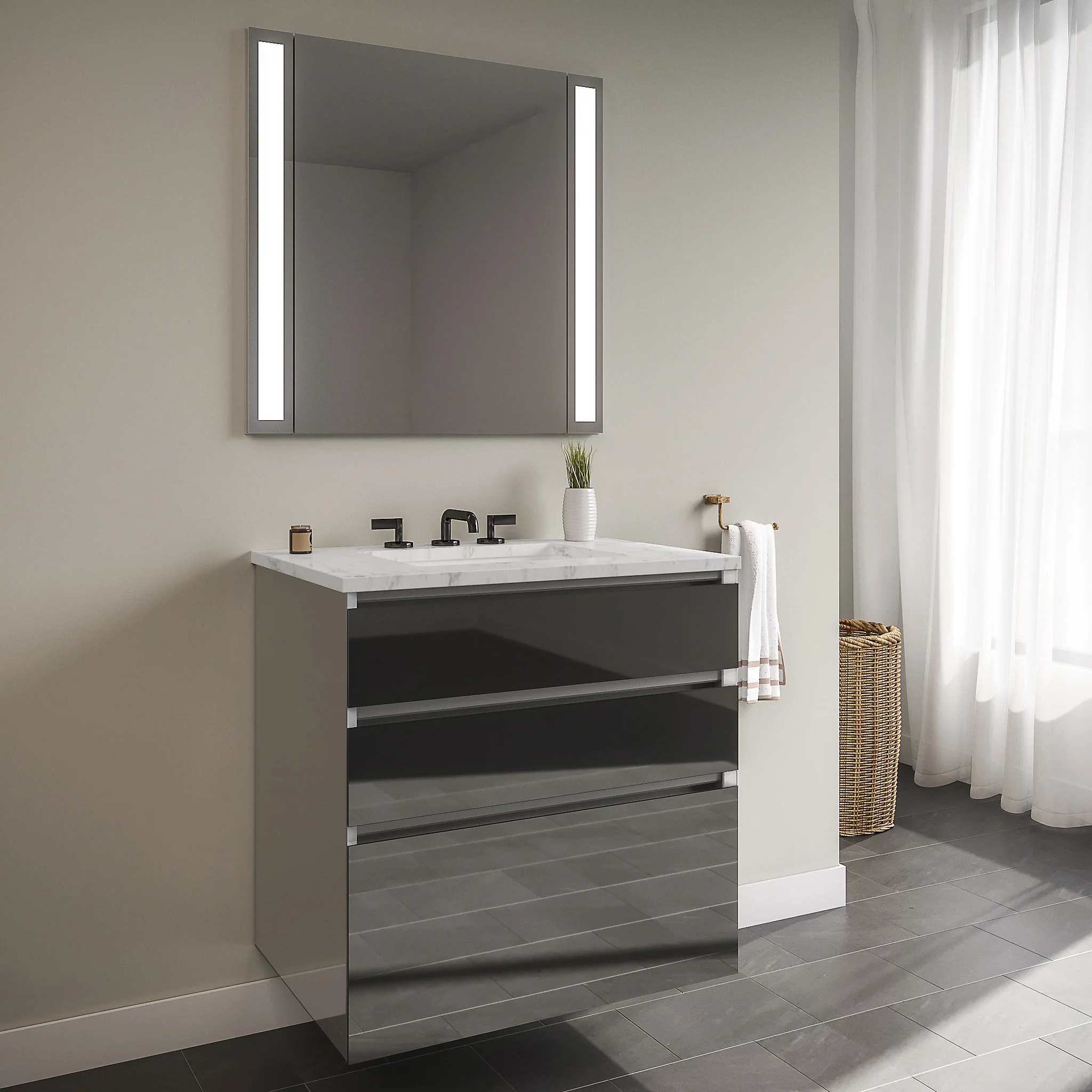 robern 24119400NB00003 Curated Cartesian Vanity, 24" x 7-1/2" x 21", 24" x 15" x 21", Three Drawer, Tinted Gray Mirror Glass, Tip Out Drawer, Plumbing Drawer, Full Drawer, Engineered Stone 25" Vanity Top, Silestone Lyra
