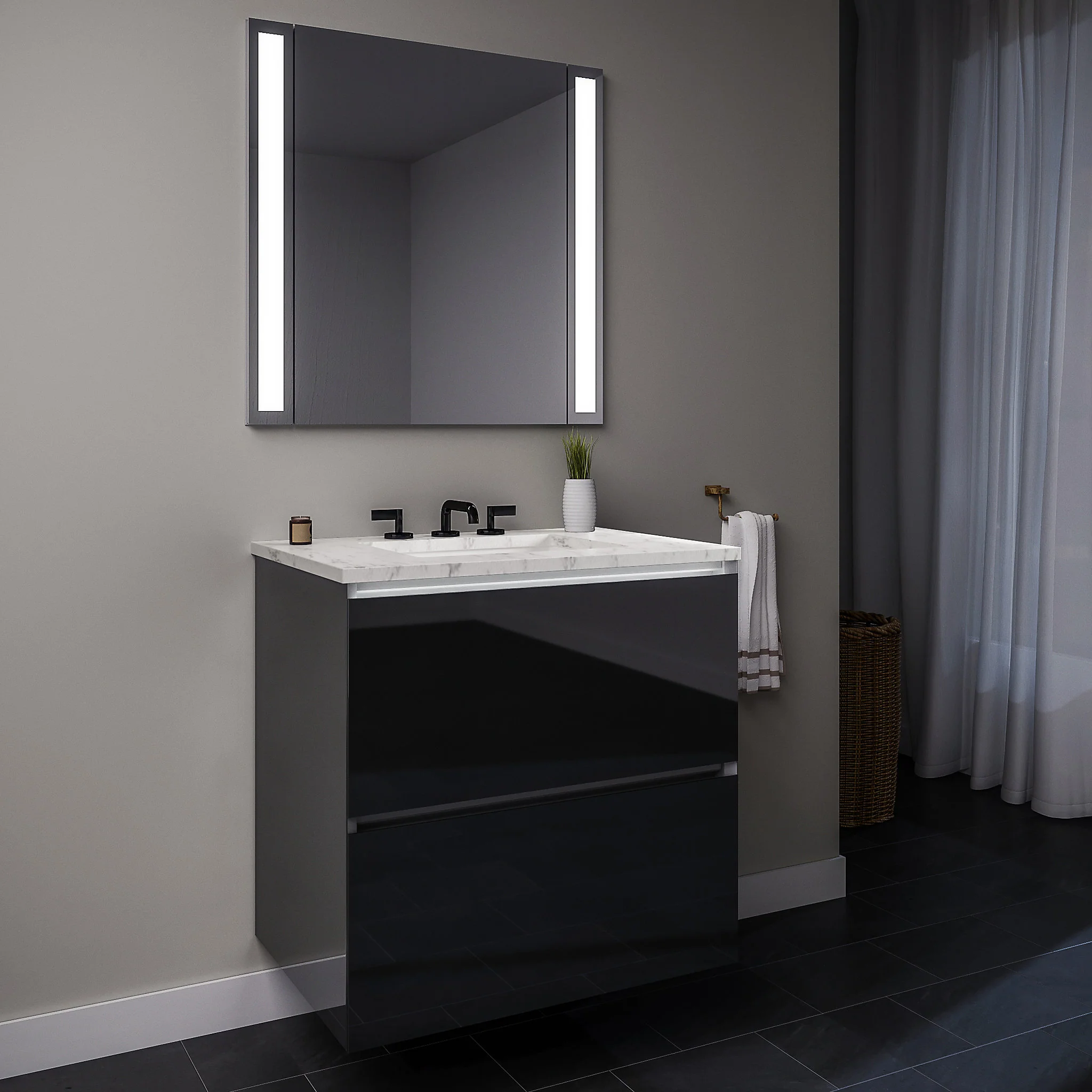 robern 24119400TB00002 Curated Cartesian Vanity, 24" x 15" x 21", Two Drawer, Tinted Gray Mirror Glass, Plumbing Drawer, Full Drawer, Night Light, Engineered Stone 25" Vanity Top, Silestone Lyra