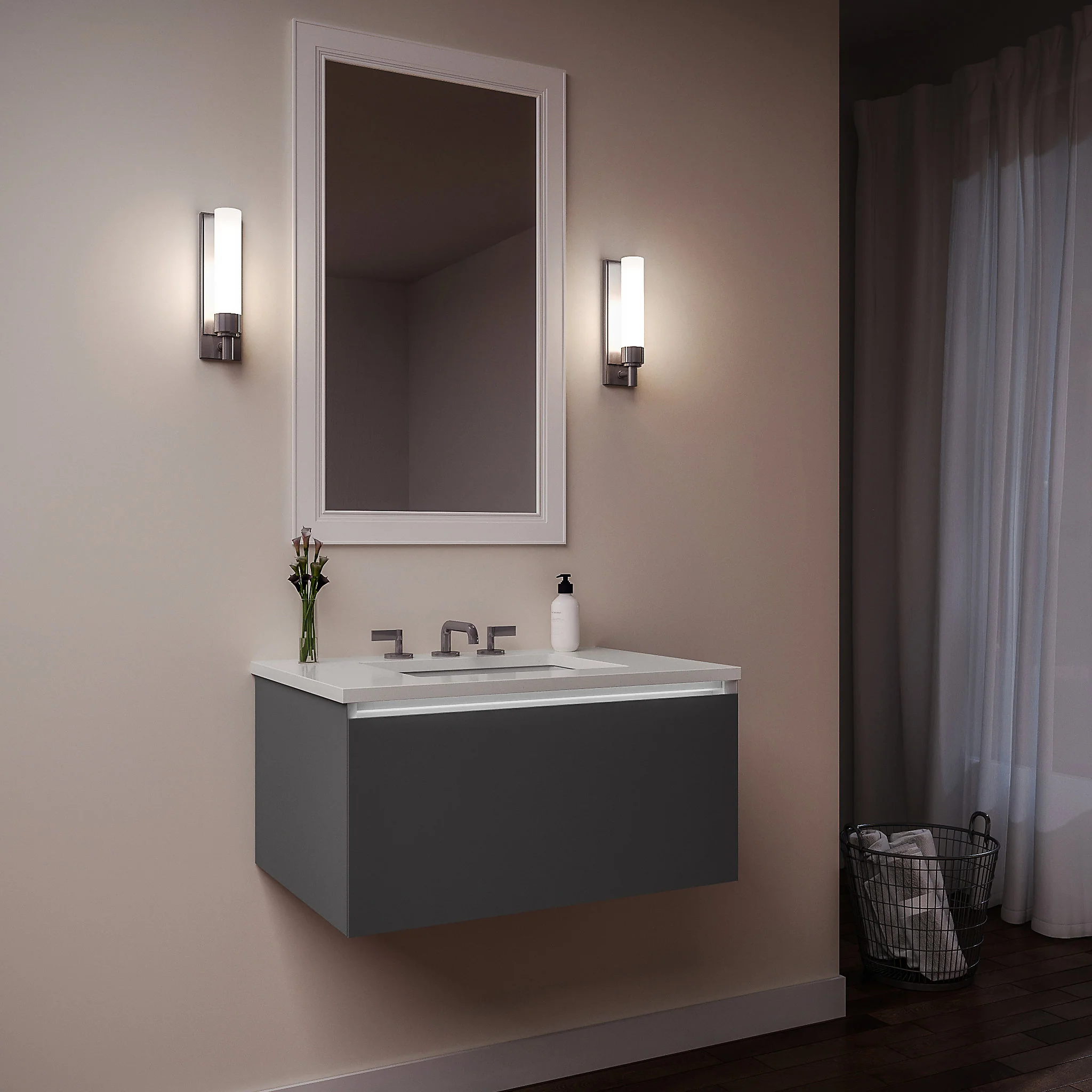 robern 24279200TB00001 Curated Cartesian Vanity, 24" x 15" x 21", Single Drawer, Matte Gray Glass, Plumbing Drawer, Night Light, Engineered Stone 25" Vanity Top, Quartz White (Silestone White Storm)