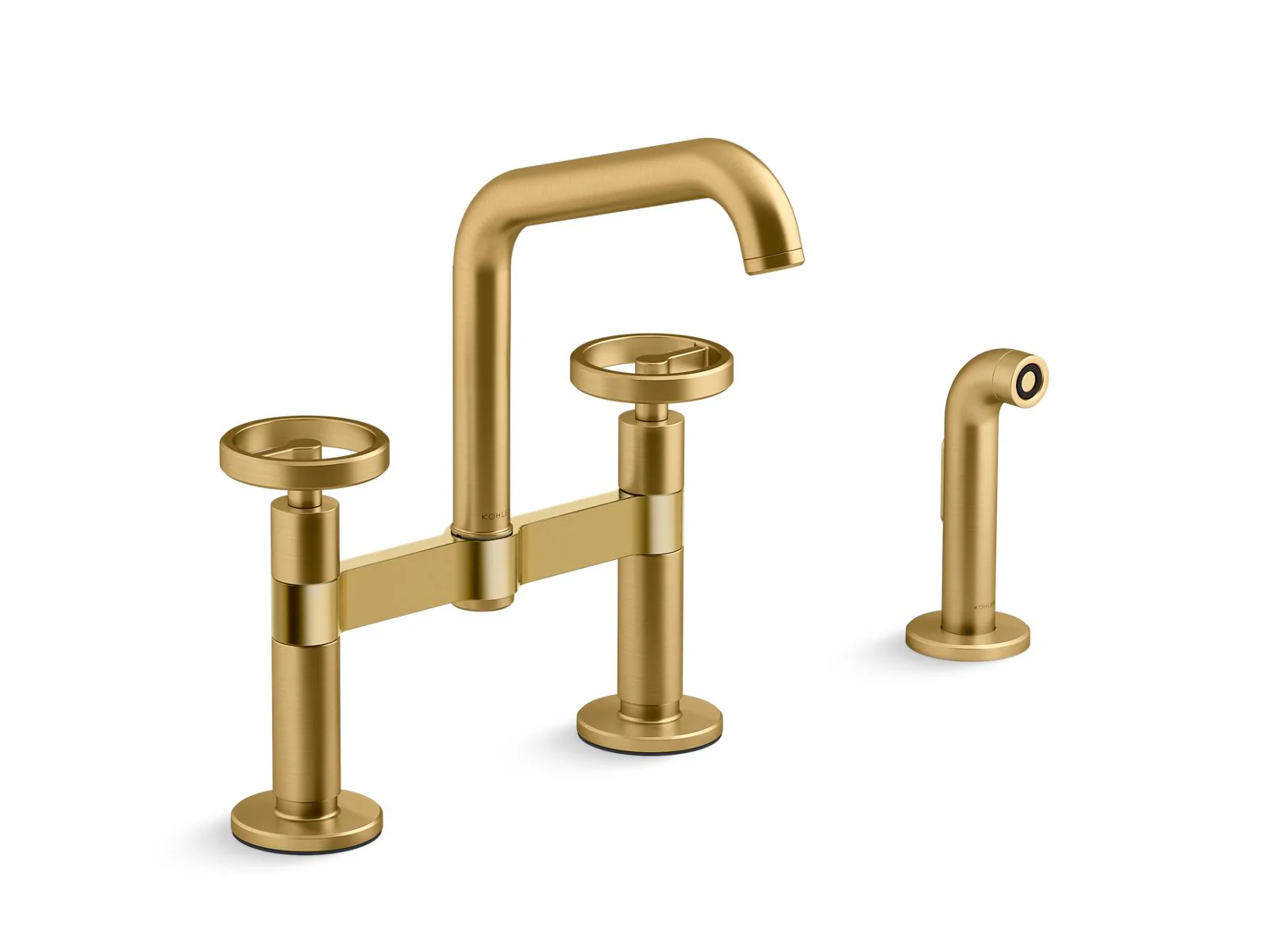 KOHLER K-28665-9 Billet Two-hole bridge kitchen sink faucet with side sprayer