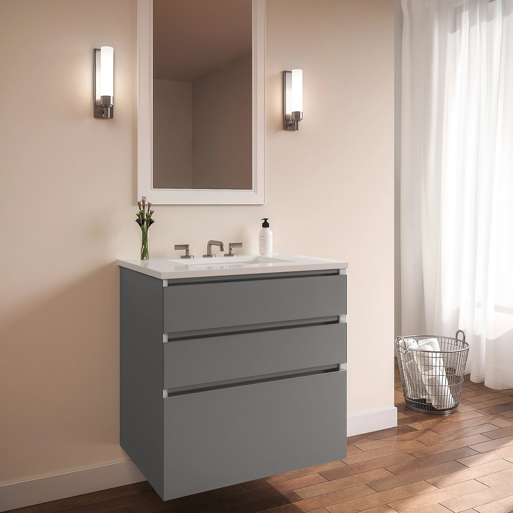robern 30279200NB00003 Curated Cartesian Vanity, 30" x 7-1/2" x 21", 24" x 15" x 21", Three Drawer, Matte Gray Glass, Tip Out Drawer, Plumbing Drawer, Full Drawer, Engineered Stone 31" Vanity Top, Quartz White (Silestone White Storm)