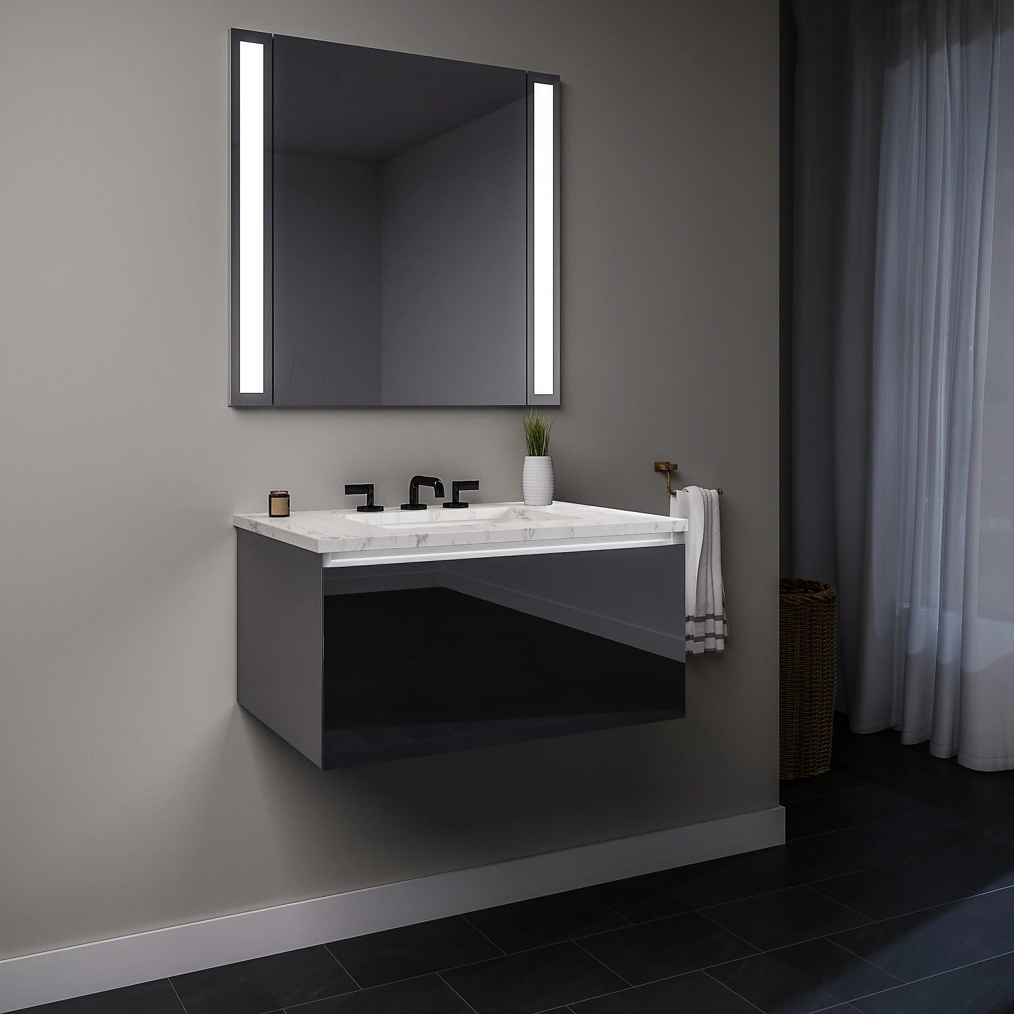 robern 36119400TB00001 Curated Cartesian Vanity, 36" x 15" x 21", Single Drawer, Tinted Gray Mirror Glass, Plumbing Drawer, Night Light, Engineered Stone 37" Vanity Top, Silestone Lyra