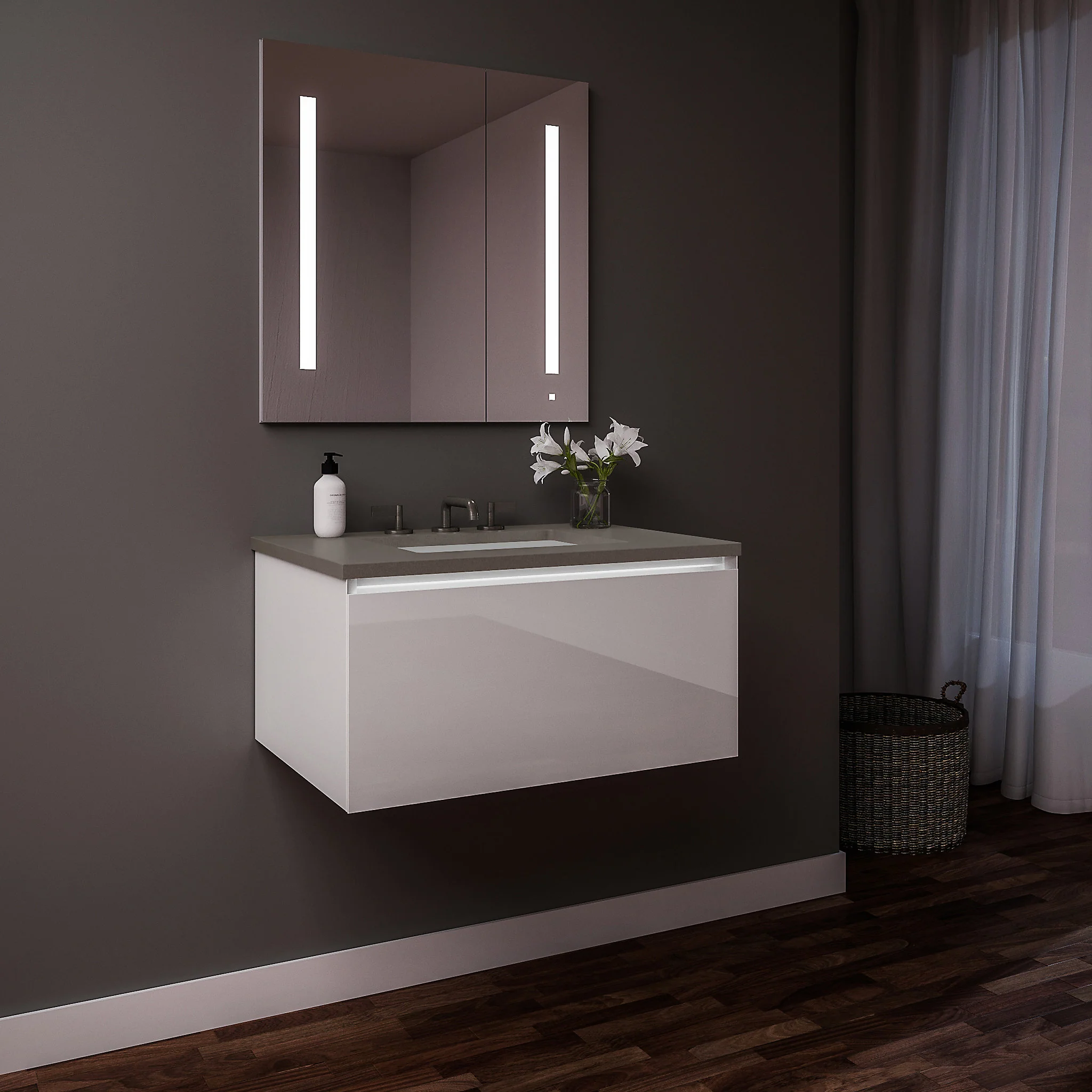 robern 36219100TB00001 Curated Cartesian Vanity, 36" x 15" x 21", Single Drawer, White Glass, Plumbing Drawer, Night Light, Engineered Stone 37" Vanity Top, Stone Gray (Silestone Expo Grey)