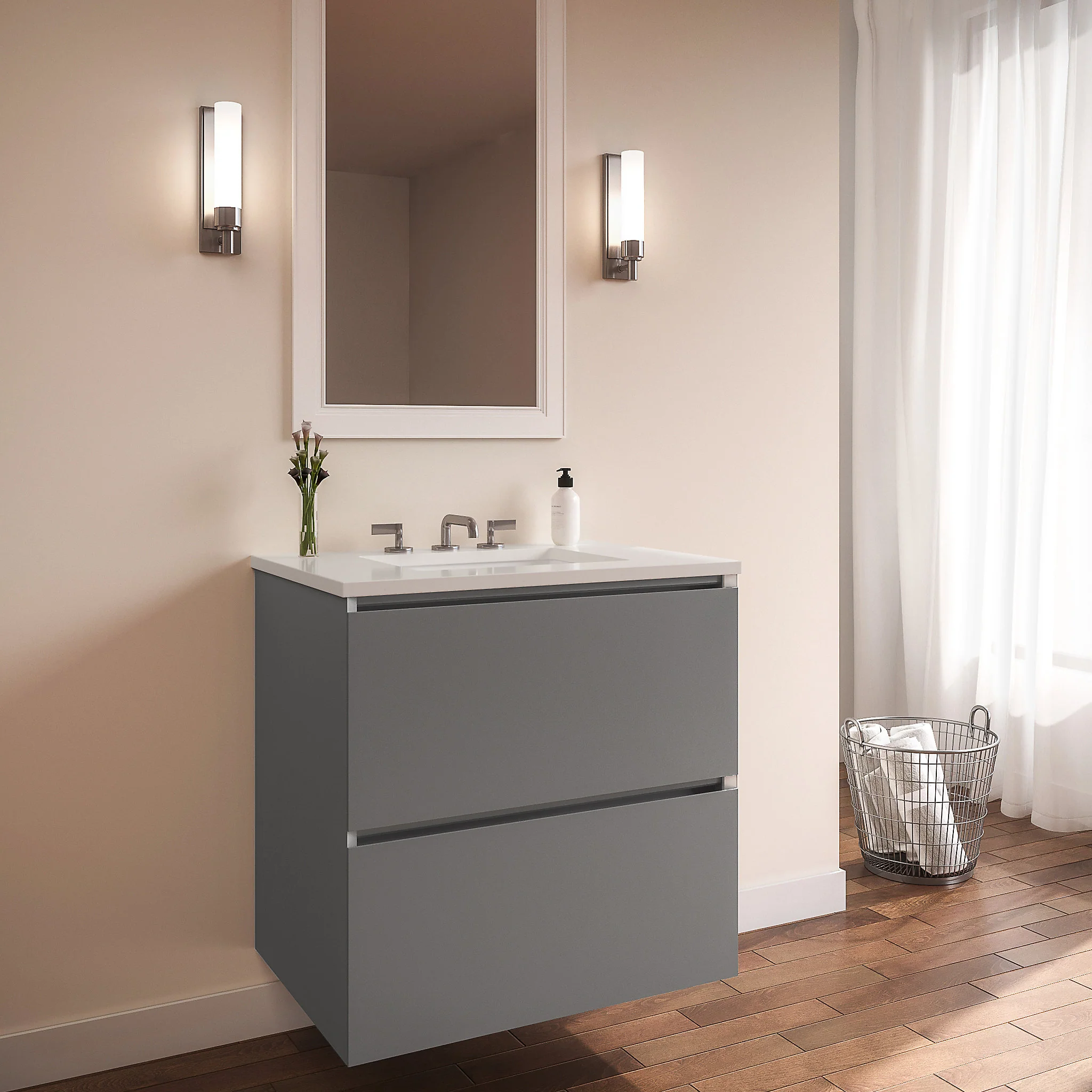 robern 36279200NB00002 Curated Cartesian Vanity, 36" x 15" x 21", Two Drawer, Matte Gray Glass, Plumbing Drawer, Full Drawer, Engineered Stone 37" Vanity Top, Quartz White (Silestone White Storm)