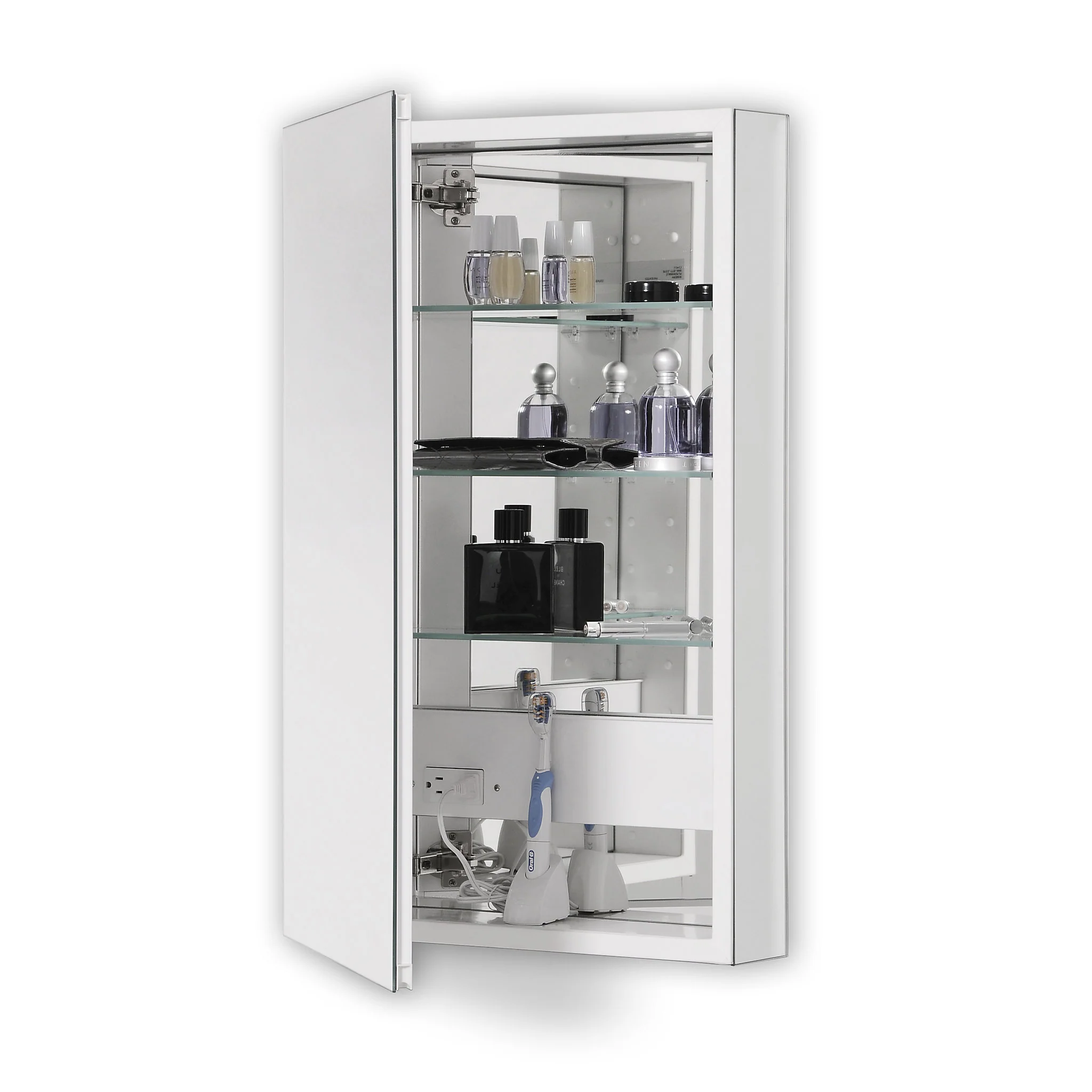 robern PLM1630WLE PL Series Cabinet, 15-1/4" x 30" x 4", Flat Top, Polished Edge, Left Hinge, White Interior, Electric
